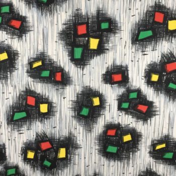 Los Angeles imprimé graphique, motifs géométriques abstraits époque moderne atomique milieu XXe siècle, dessins noir jaune vert rouge sur fond blanc et bleu donnant une impression de gris clair.