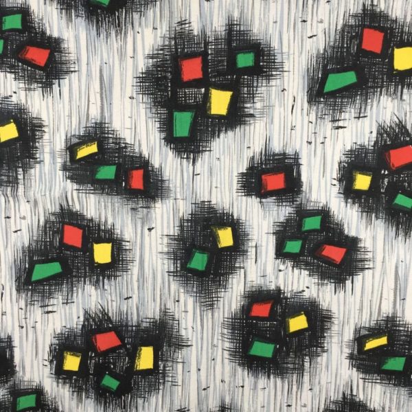 Los Angeles imprimé graphique, motifs géométriques abstraits époque moderne atomique milieu XXe siècle, dessins noir jaune vert rouge sur fond blanc et bleu donnant une impression de gris clair.