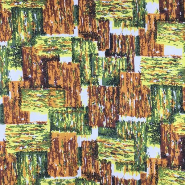 Tissu vintage 1950s motifs abstraits géométriques en vert jaune brun et noir sur fond blanc, toile signée Mycène, tissu lavable Paris