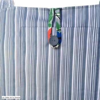 Sac fleuri, fleurs stylisées. Au verso la doublure est un tissu 100% coton à fines rayures bleues et grises signée QjuTie Kids Collection. Détail de la doublure et poche.