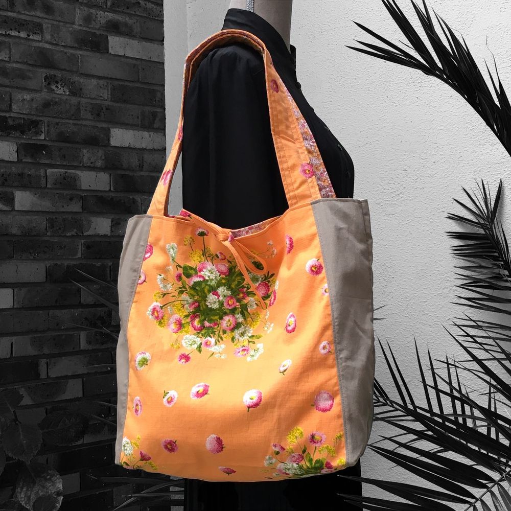 Sac Tissu Fleuri Orange - Pièce Unique - Cabas En Toile Fait Main