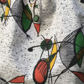 Sac cabas design pour femme, imprimé vintage milieu des 1950s ère atomique inspiration Joan Miro, recto face A, détails et bouton.