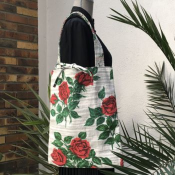 Sac cabas en toile de coton texturé, barkcloth, rouge vert blanc gris