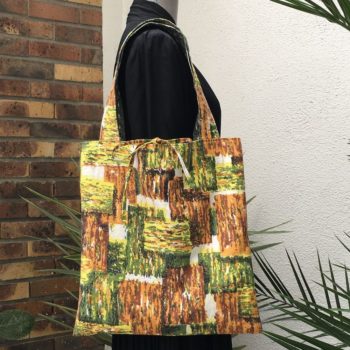 Cabas vintage imprimé 50s graphique abstrait jaune soufre, orangé jaune, brun cuivré, noir, vert réséda