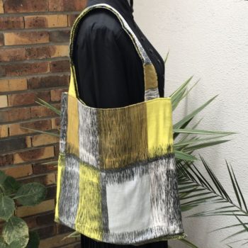 Baltique cabas vintage imprimé 50s 1950s fifties graphique abstrait en jaune brun bleu gris