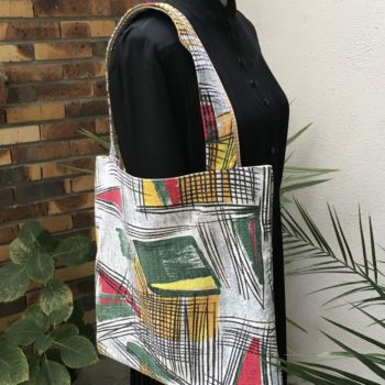 Cabas vintage imprimé 50s graphique jaune vert rouge noir