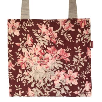 Totebag réalisé dans un obi beige rosé, doublé d'un tissu vintage, imprimé de fleurs grimpantes en vert pâle et rose sur fond lie de vin / brun rouge (pomme brûlée), recto face A.