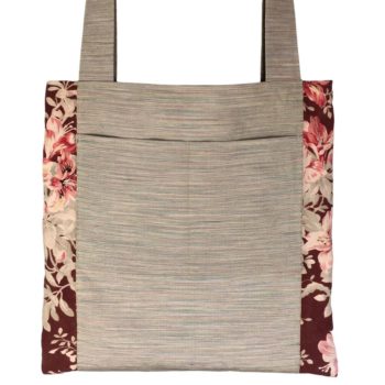 Totebag réalisé dans un obi beige rosé, ceinture de kimono traditionnelle brodée, doublé d'une toile vintage rouge bordeaux, verso face A, détail et poche.