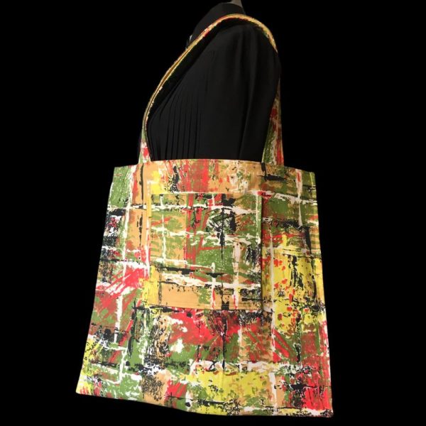 Collection Obi, le cabas Bornéo, sac réalisé dans une ceinture de kimono japonaise vintage et doublure tissu d'ameublement français 1950s, verso avec poche plaquée