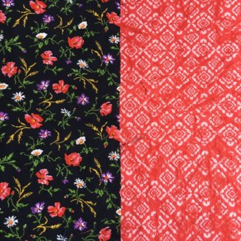 Tissu vintage 1940s, imprimé floral, semis de petites fleurs sauvages et tye and dye rouge.