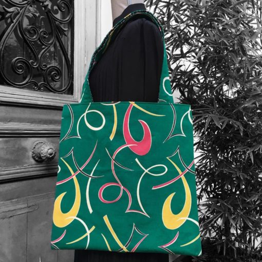 Sac en tissu vintage revalorisé, le totebag Turquoise, imprimé de motifs géométriques abstraits, époque moderne atomique milieu XXe siècle, sac shopping fait main création originale pièce unique.