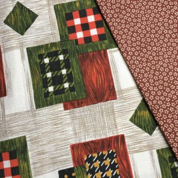 Tissu 1950s 1960s en coton texturé Baltimore par Beldecor, imprimé géométrique, superposition de carrés et losanges, doublure Myosotis de Safeco, motif japonais Wasurenagusa.