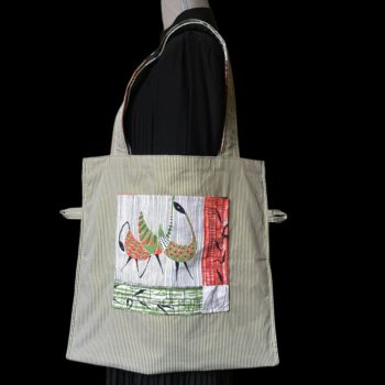 Sac shopping doublé réversible pour femme en tissu vintage 1950s imprimé d'inspiration africaine Bamako par Romanex de Boussac 1958, recto et poche