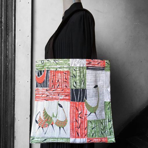 Totebag en toile vintage Romanex de Boussac 1958, motif Bamako, grands oiseaux stylisés, dessin d'inspiration ethnique, africaine.