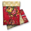 Etui à livres, imprimé floral, guirlandes de fleurs roses jaunes rouges sur fond rouge, doublure style art déco, motif géométrique, dessin éventails en jaune moutarde sur fond blanc