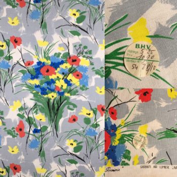 Tissu Prairie, neuf d'époque. Détails de la lisière et étiquette du BHV.