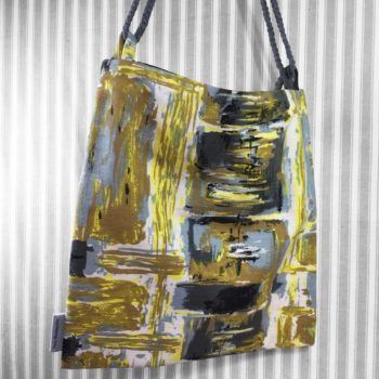 Sac bandoulière souple, léger, en tissu vintage Colombo. Imprimé de formes libres, motif abstrait graphique. Avec cordon gris, recto face B.