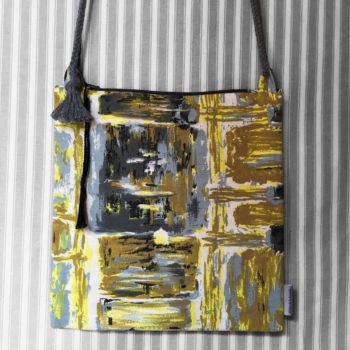 Sac bandoulière souple, léger, en tissu vintage Colombo. Imprimé de formes libres, motif abstrait graphique. Avec cordon gris, recto face A.