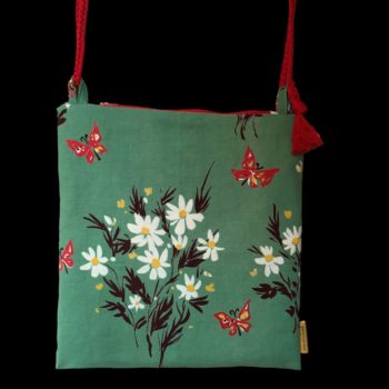 Sac vintage, dessin d'artiste signé Fumeron, pièce de collection. Petite sacoche doublée réversible. Accessoire d'inspiration rétro, fait main en France. Option rouge, exemplaire 2, recto face A.