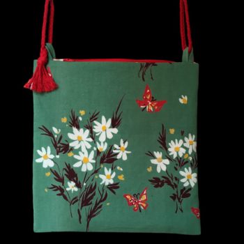 Sac vintage, dessin d'artiste signé Fumeron, pièce de collection. Petite sacoche doublée réversible. Accessoire d'inspiration rétro, fait main en France. Option rouge, exemplaire 1, recto face A.