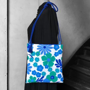 Petite sacoche, sac bandoulière Flower Power dans un tissu vintage de 1969, Aubade, dessin de Pascaline Villon, Romanex de Boussac.