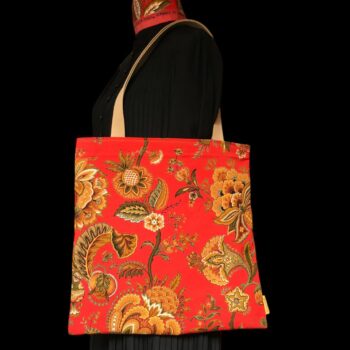 Sac vintage en toile rouge, imprimé baroque, Balkis par Laurent Stève 1967. Exemplaire 4, recto face A.