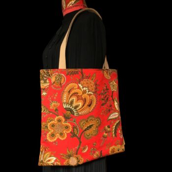 Sac vintage en toile rouge, imprimé baroque, Balkis par Laurent Stève 1967. Exemplaire 3, recto face A.