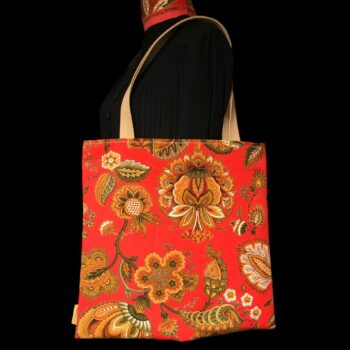 Sac vintage en toile rouge, imprimé baroque, Balkis par Laurent Stève 1967. Exemplaire 2, recto face B.