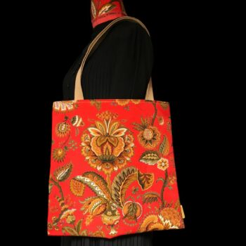 Sac vintage en toile rouge, imprimé baroque, Balkis par Laurent Stève 1967. Exemplaire 2, recto face A.