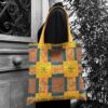 Totebag graphique ocre jaune, cabas en tissu vintage. Fourre-tout réversible en toile d'ameublement revalorisée, création originale, fait main.