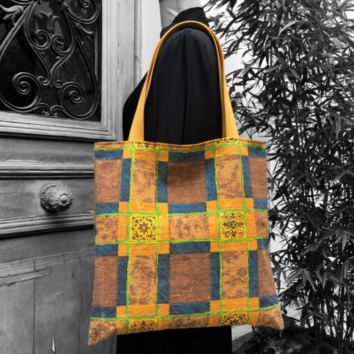 Totebag graphique ocre jaune, cabas en tissu vintage. Fourre-tout réversible en toile d'ameublement revalorisée, création originale, fait main.