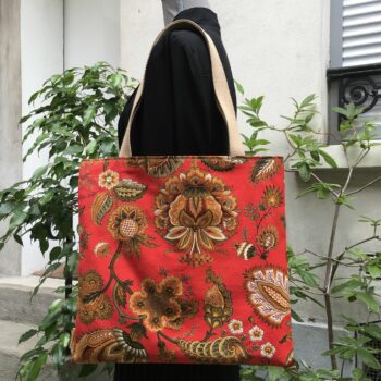 Sac vintage en toile rouge, imprimé baroque, Balkis par Laurent Stève 1967. Exemplaire 2, recto face B.