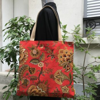 Sac vintage en toile rouge, imprimé baroque, Balkis par Laurent Stève 1967. Exemplaire 4, recto face A.