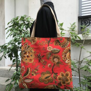 Sac vintage en toile rouge, imprimé baroque, Balkis par Laurent Stève 1967. Exemplaire 4, recto face B.