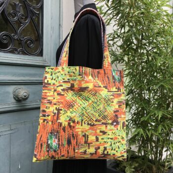 Totebag multicolore, orange et jaune, imprimé vintage, tissu Marignan. Fourre-tout réversible en toile d'ameublement revalorisée, fait main création. Recto face B.
