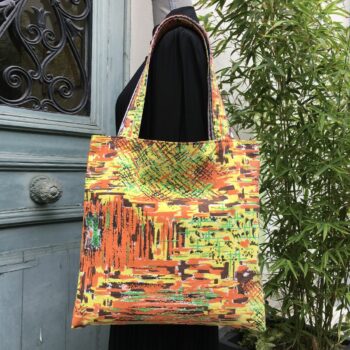 Totebag multicolore, orange et jaune, imprimé vintage, tissu Marignan. Fourre-tout réversible en toile d'ameublement revalorisée, fait main création. Recto face A.
