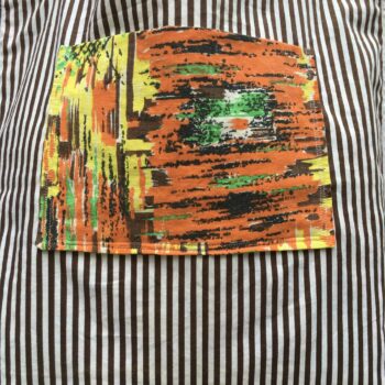 Totebag multicolore, orange et jaune, imprimé vintage, tissu Marignan. Fourre-tout réversible en toile d'ameublement revalorisée, fait main création. Verso, doublure et poche, détail.