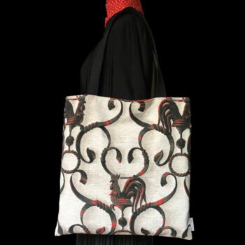 Totebag en tissu vintage baroque, cabas avec dessin de coq. Fourre-tout réversible en toile d'ameublement revalorisée, création originale, fait main. Recto face A.