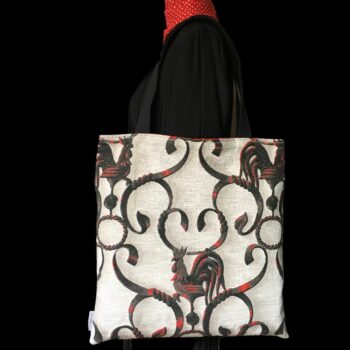 Totebag en tissu vintage baroque, cabas avec dessin de coq. Fourre-tout réversible en toile d'ameublement revalorisée, création originale, fait main. Recto face B.