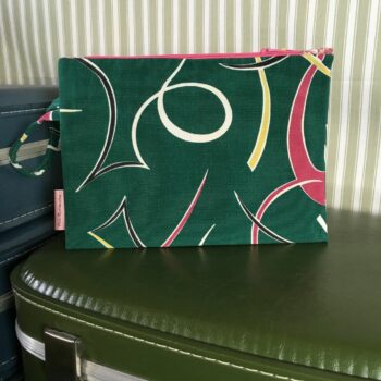 Pochette fifties vert turquoise, trousse zippée, faite main en France, création originale, tissu vintage revalorisé, accessoire d'inspiration rétro.