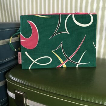 Pochette fifties vert turquoise, trousse zippée, faite main en France, création originale, tissu vintage revalorisé, accessoire d'inspiration rétro.