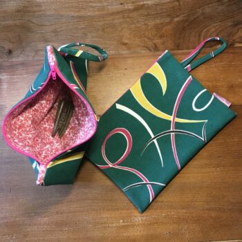 Pochette fifties vert turquoise, trousse zippée, faite main en France, création originale, tissu vintage revalorisé, accessoire d'inspiration rétro.