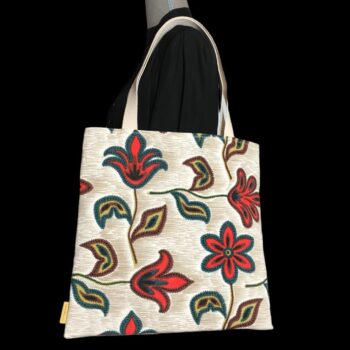 Tote bag fleuri, fleurs stylisées, fait main en France. Sac fourre-tout réversible en tissu vintage revalorisé, accessoire d'inspiration rétro sixties. Exemplaire 1 recto face B.