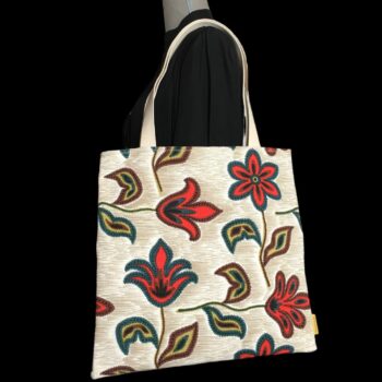 Tote bag fleuri, fleurs stylisées, fait main en France. Sac fourre-tout réversible en tissu vintage revalorisé, accessoire d'inspiration rétro sixties. Exemplaire 3 recto face A.