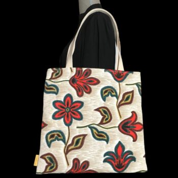 Tote bag fleuri, fleurs stylisées, fait main en France. Sac fourre-tout réversible en tissu vintage revalorisé, accessoire d'inspiration rétro sixties. Exemplaire 2 recto face B.
