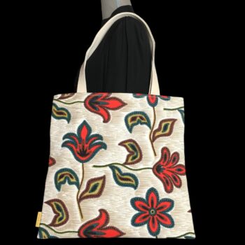 Tote bag fleuri, fleurs stylisées, fait main en France. Sac fourre-tout réversible en tissu vintage revalorisé, accessoire d'inspiration rétro sixties. Exemplaire 3 recto face B.