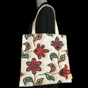 Tote bag fleuri, fleurs stylisées, fait main en France. Sac fourre-tout réversible en tissu vintage revalorisé, accessoire d'inspiration rétro sixties. Exemplaire 2 recto face A.