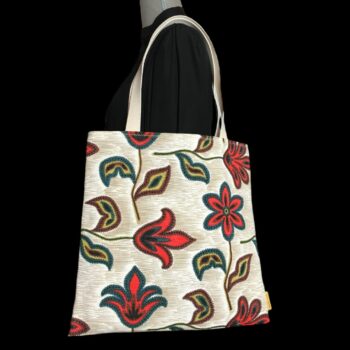 Tote bag fleuri, fleurs stylisées, fait main en France. Sac fourre-tout réversible en tissu vintage revalorisé, accessoire d'inspiration rétro sixties. Exemplaire 1 recto face A.