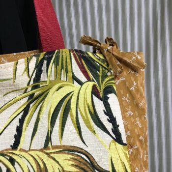 Sac Tiki tropical, tissu vintage années 1950, cabas en toile fait main. Exemplaire 1, recto, détails et liens.