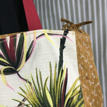 Sac Tiki tropical, tissu vintage années 1950, cabas en toile fait main. Exemplaire 1, recto, détails et liens.